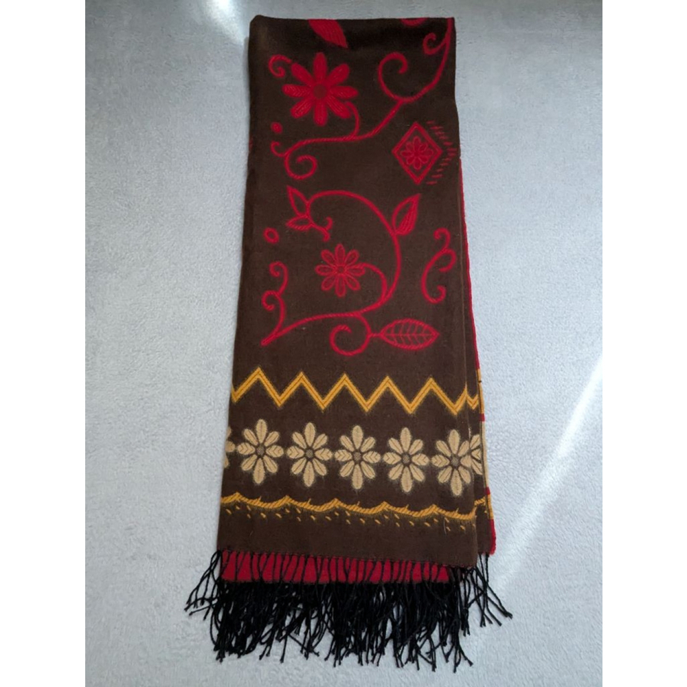 Womens Unbranded Brown Red Floral Fringe Poncho Reversible One Size Western Soft - Picture 5 of 5